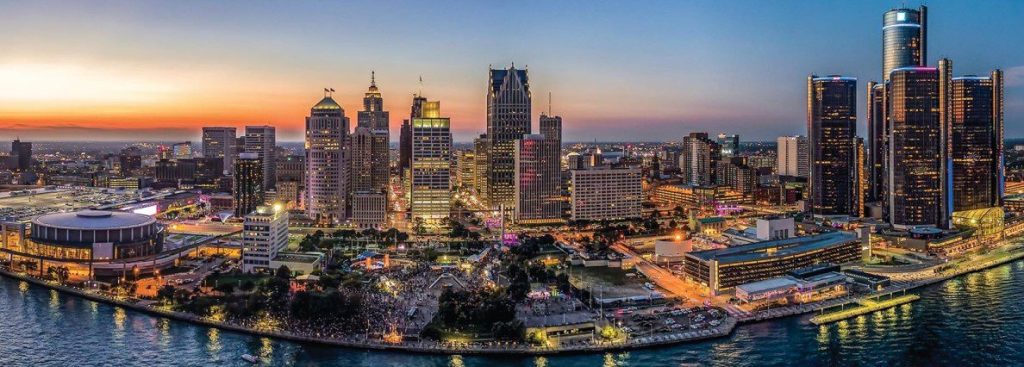 Detroit skyline at dusk over the Detroit River